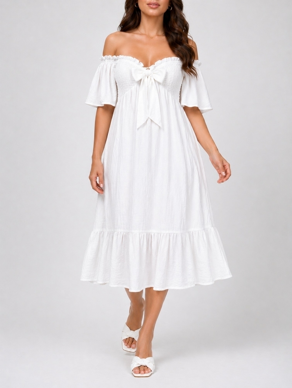dRa Benny Ivory Smocked Off Shoulder Tiered Midi Dress Ruffle Coastal Summer L